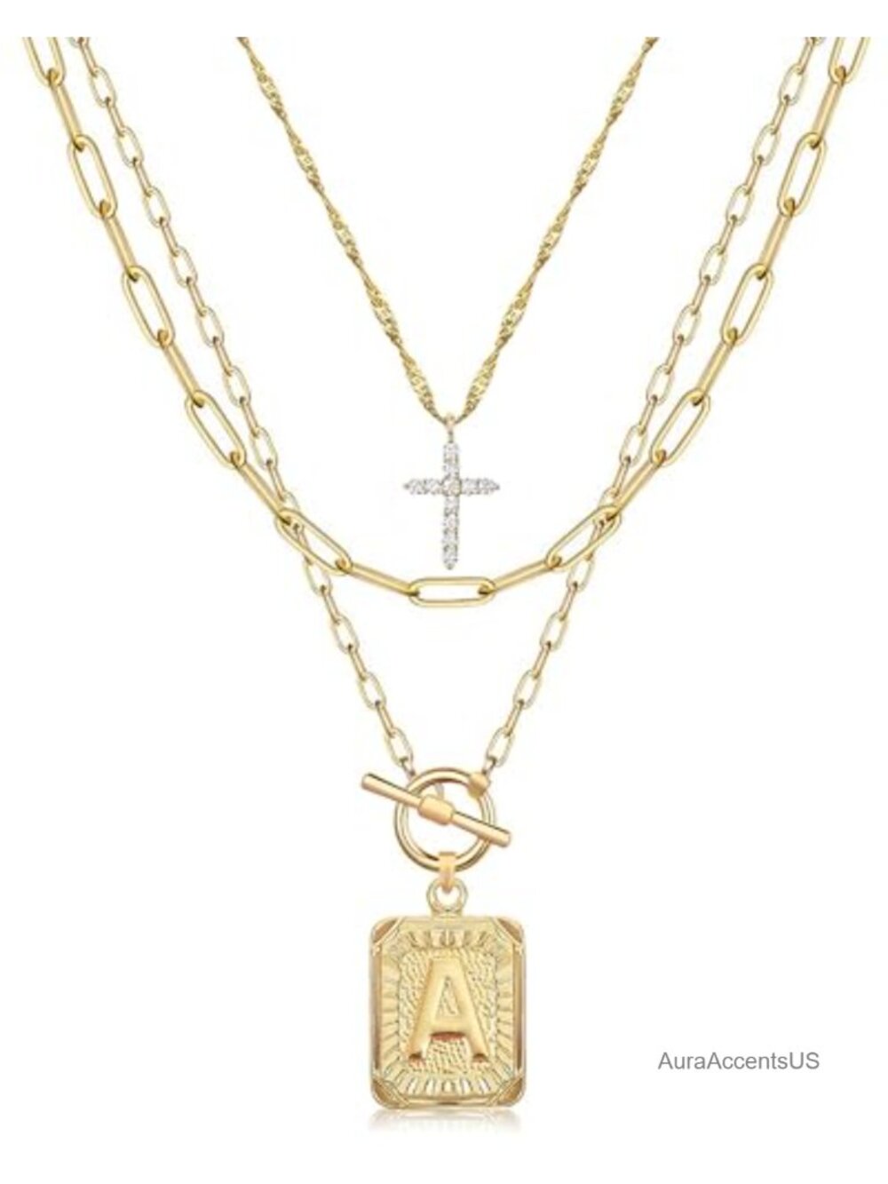 Layered Initial Necklaces for Women Trendy 14K Gold Plated Brass Dainty Cross